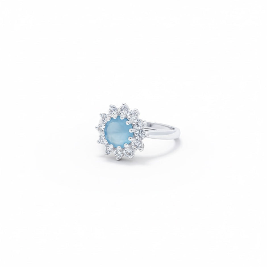 Round Aqua Blue Stone Floral Halo Ring