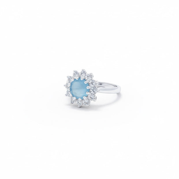 Round Aqua Blue Stone Floral Halo Ring