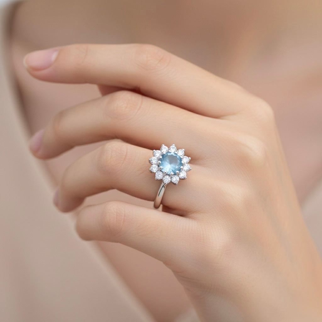 Round Aqua Blue Stone Floral Halo Ring