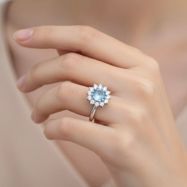 Round Aqua Blue Stone Floral Halo Ring