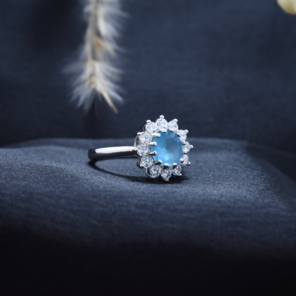 Round Aqua Blue Stone Floral Halo Ring