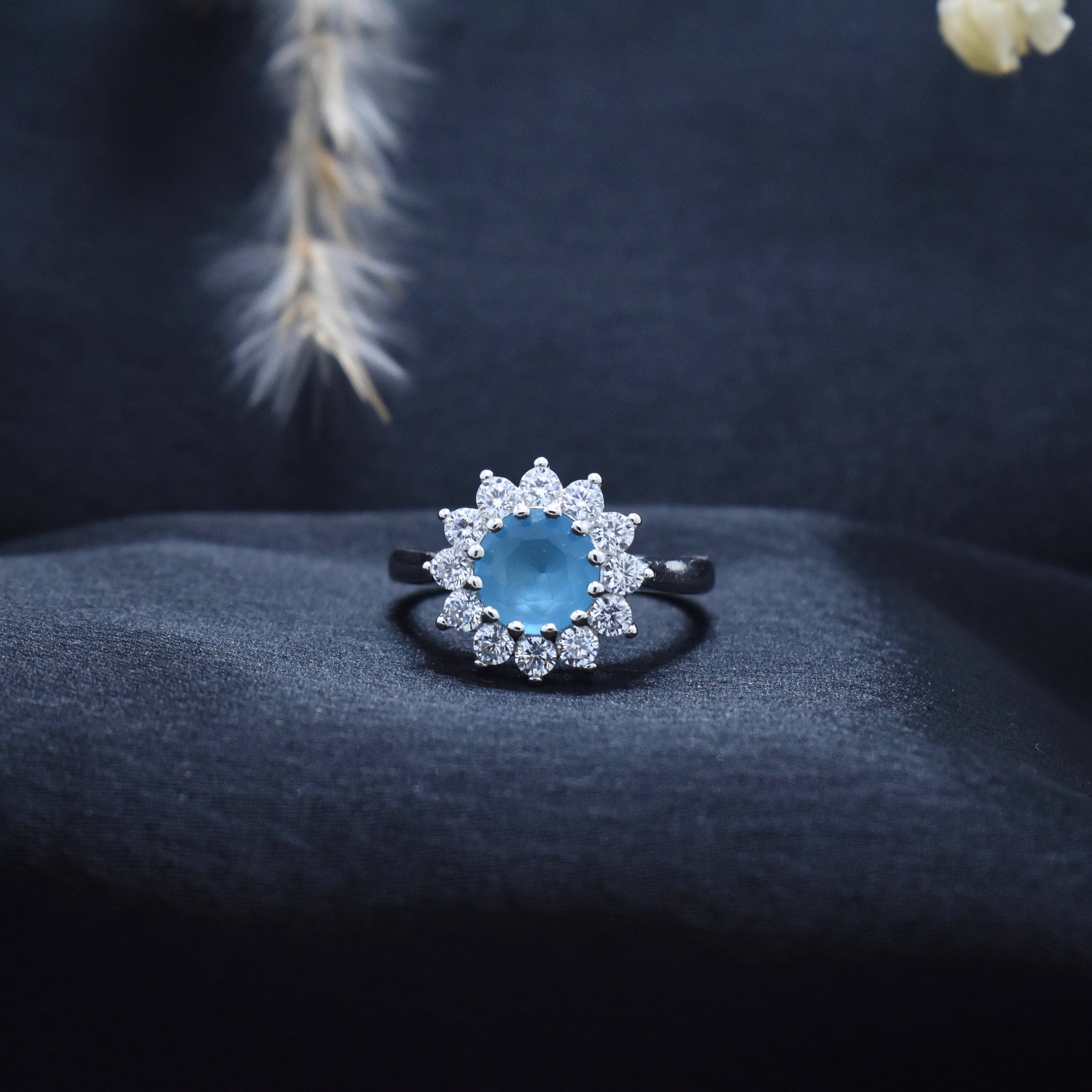 Round Aqua Blue Stone Floral Halo Ring