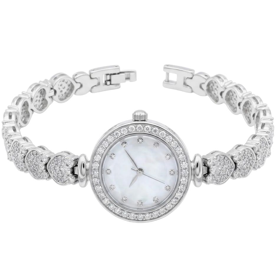 Pavé Heart Cluster Luxury Silver Watch