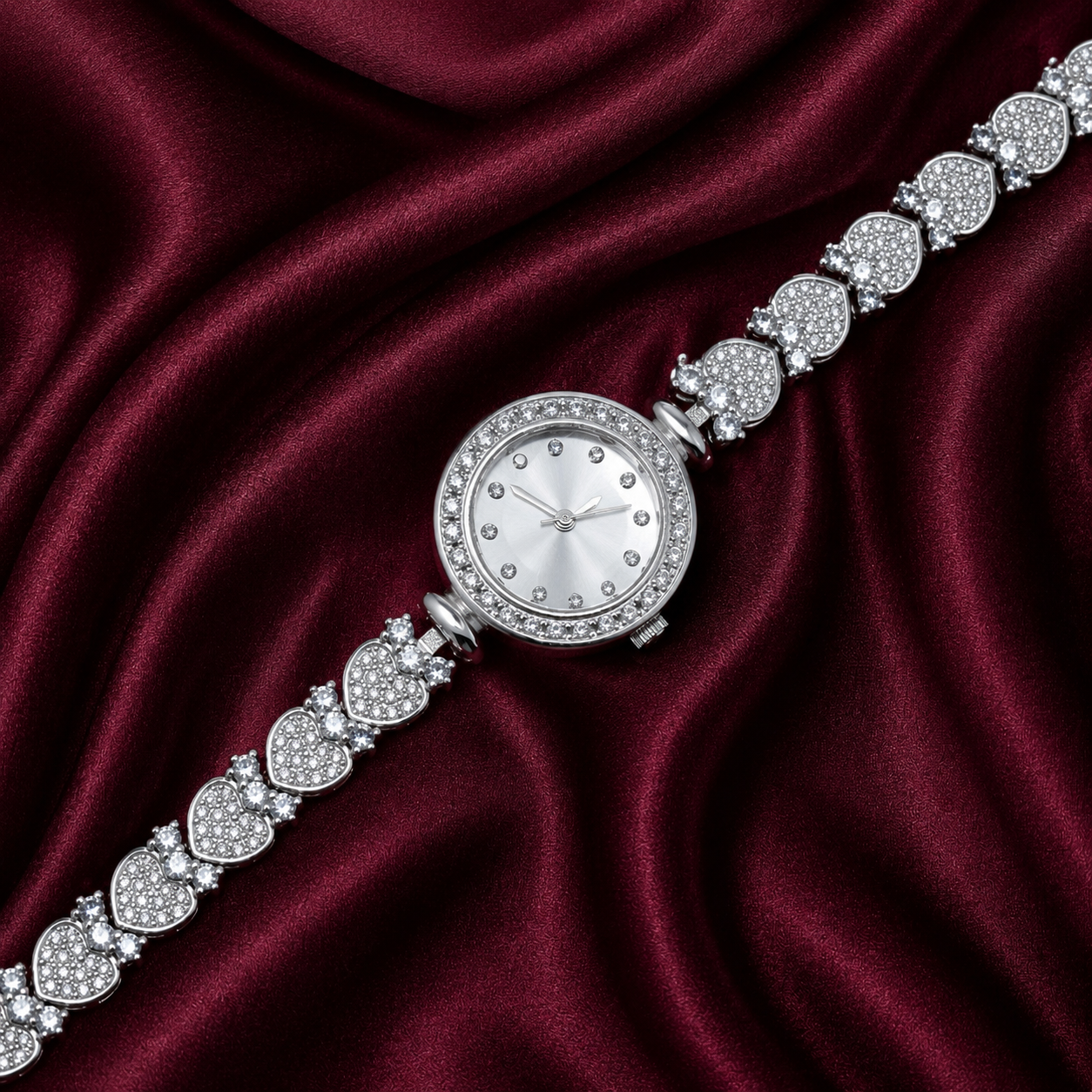 Pavé Heart Cluster Luxury Silver Watch