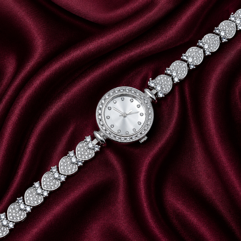 Pavé Heart Cluster Luxury Silver Watch