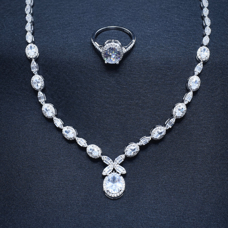 Oval Cluster Necklace Silver Set