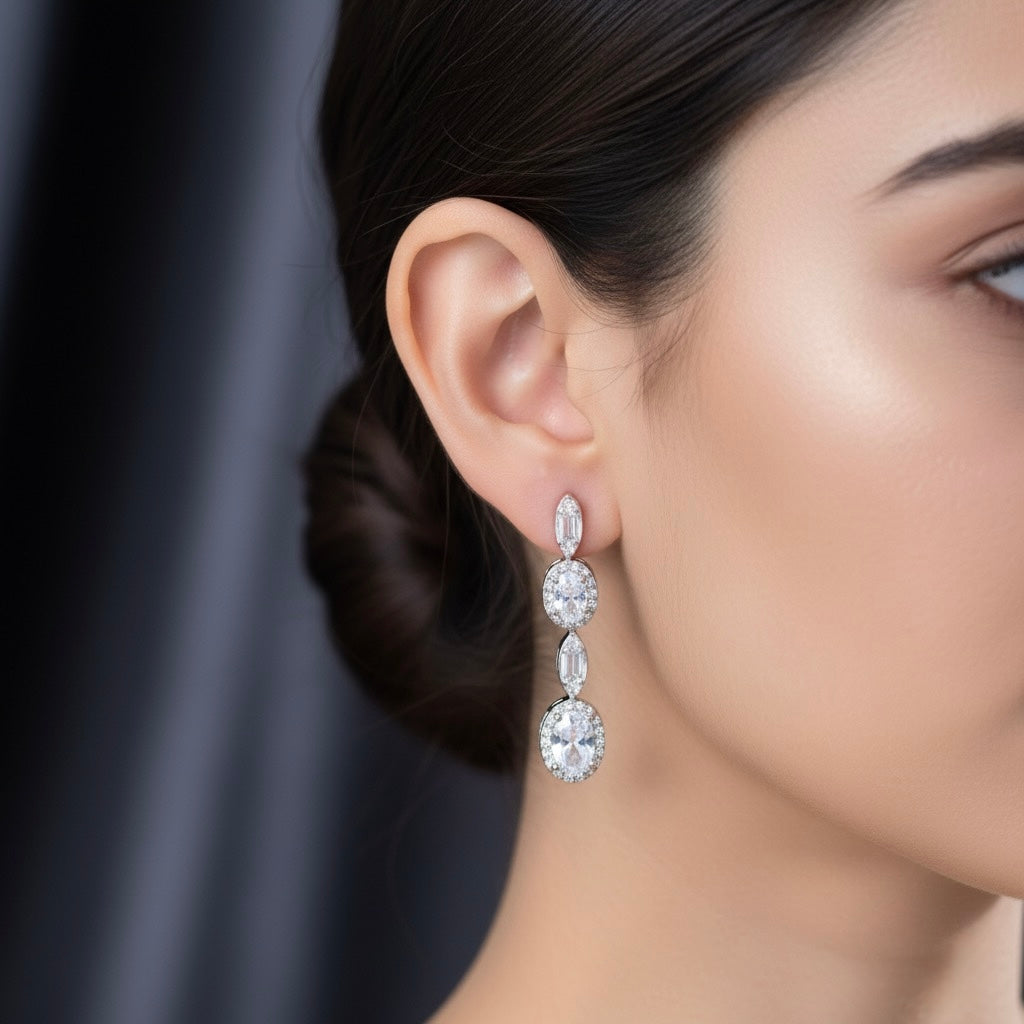 Oval Cluster Necklace Silver Set