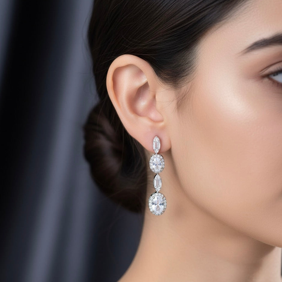 Oval Cluster Necklace Silver Set