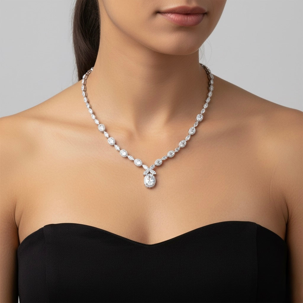 Oval Cluster Necklace Silver Set