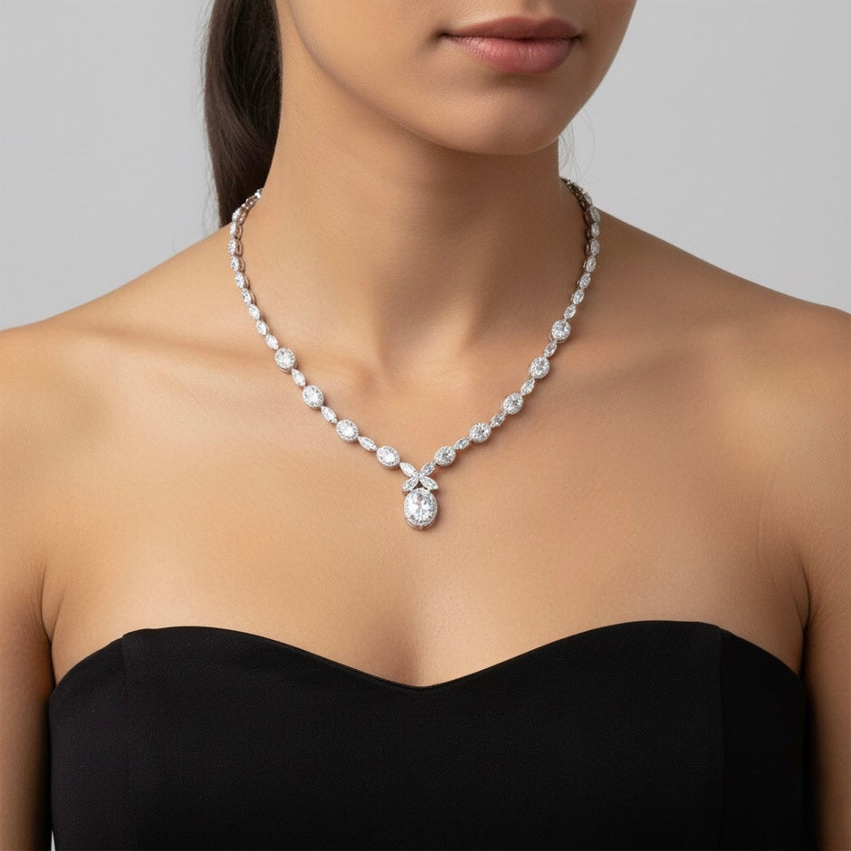 Oval Cluster Necklace Silver Set