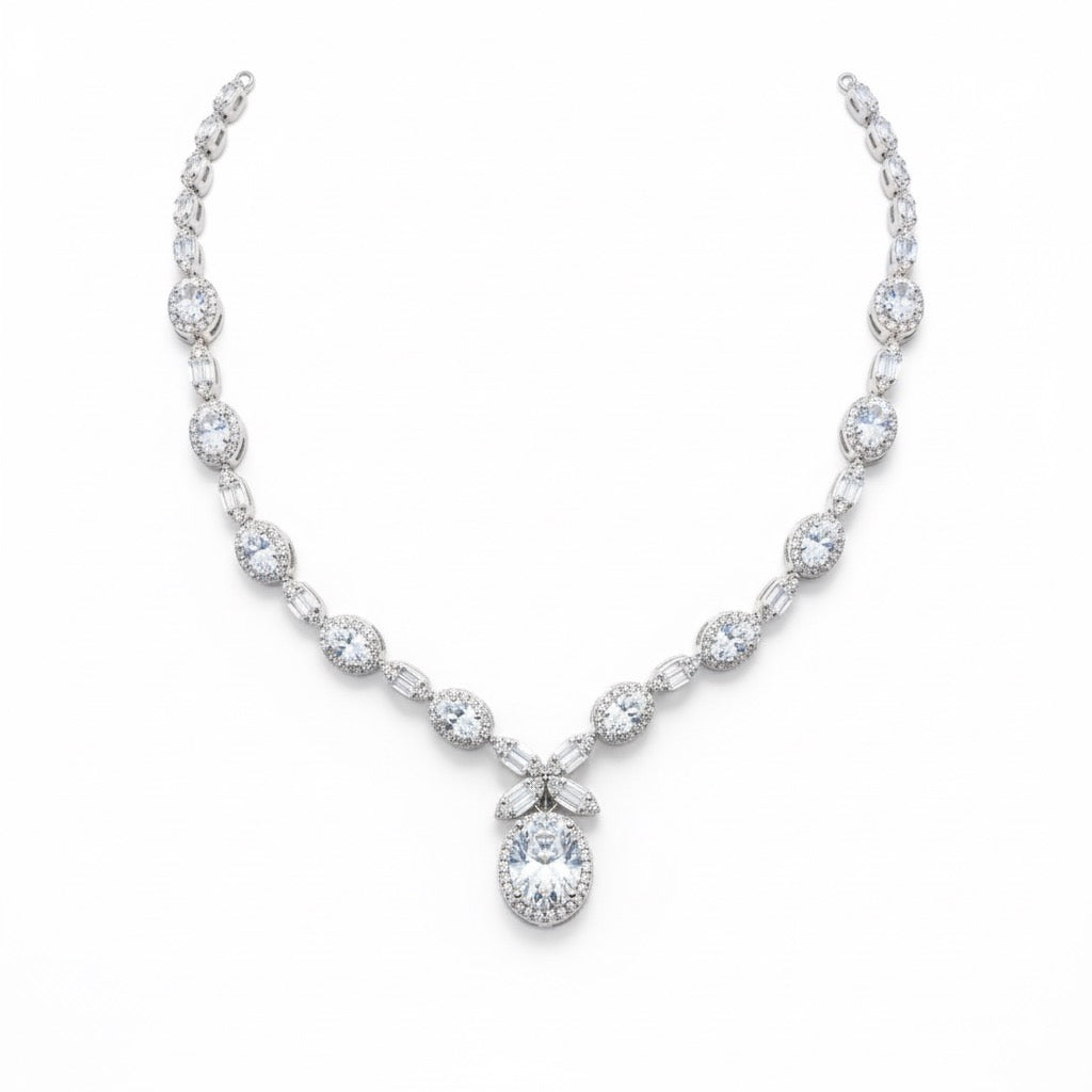 Oval Cluster Necklace Silver Set