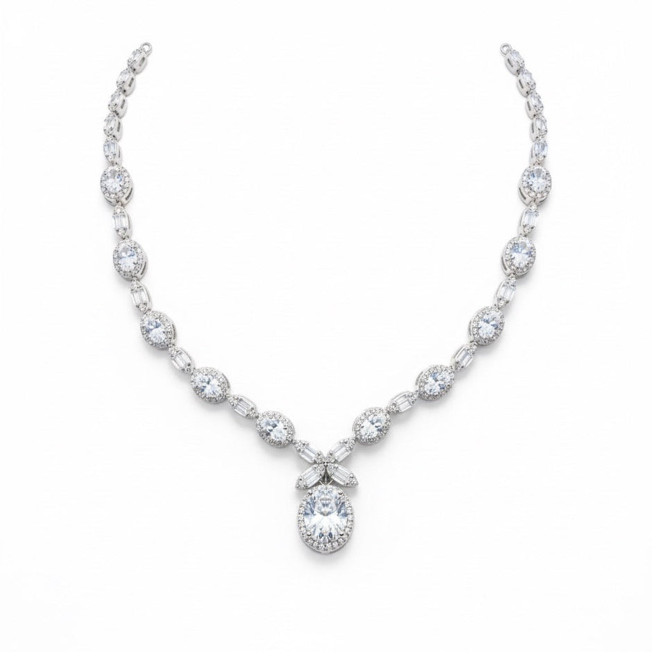 Oval Cluster Necklace Silver Set