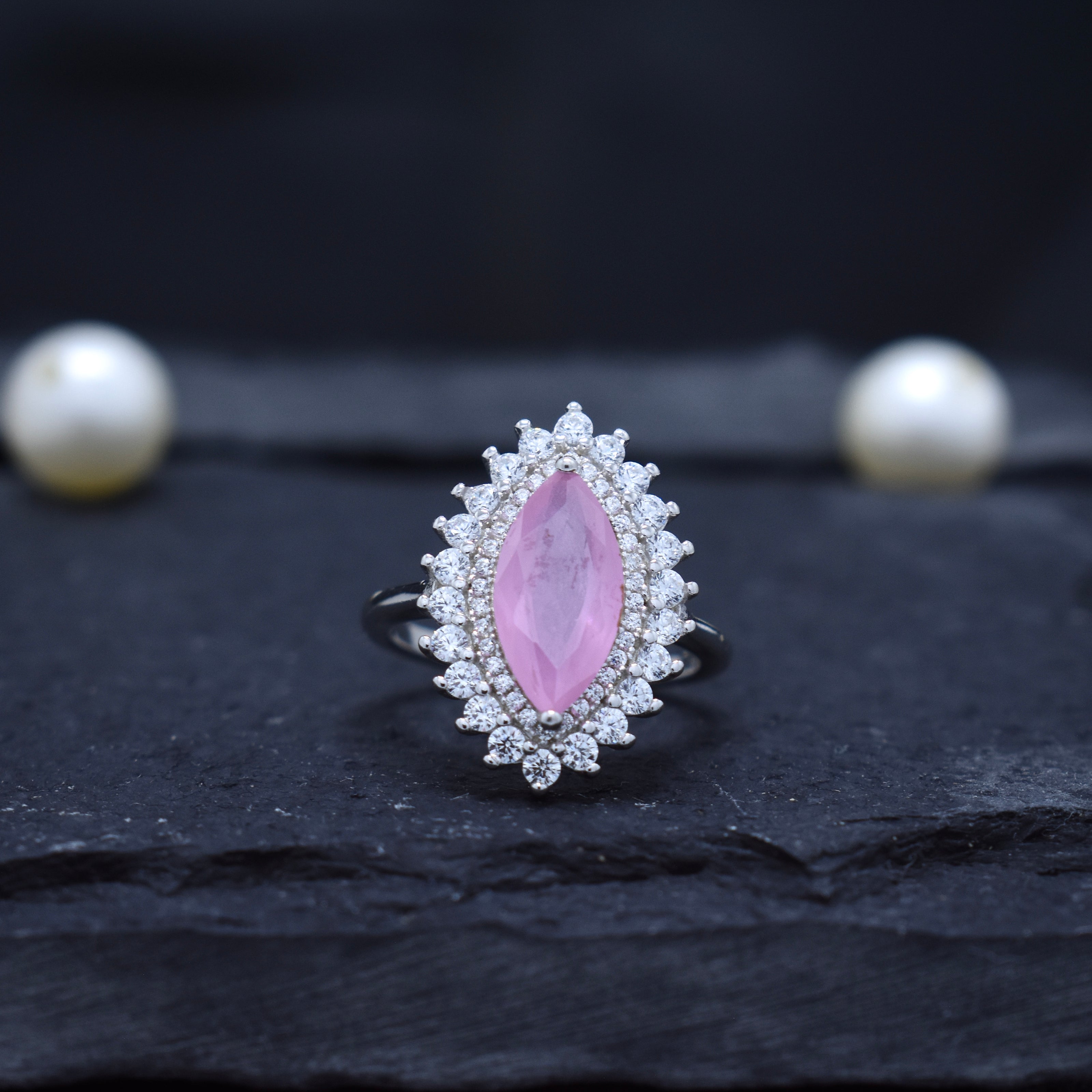 Marquise Cut Pink Stone Halo Ring