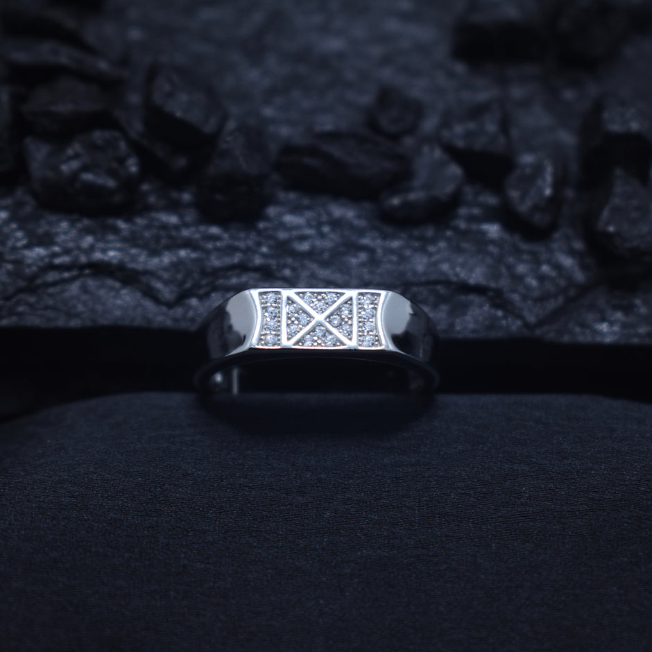 Modern Pave X-Design Silver Ring