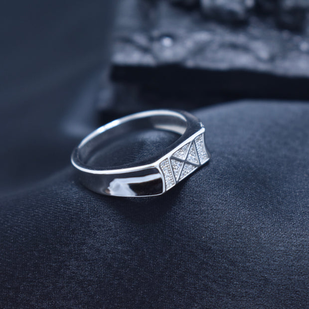 Modern Pave X-Design Silver Ring