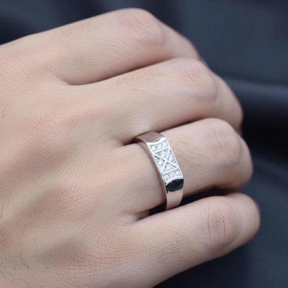Modern Pave X-Design Silver Ring
