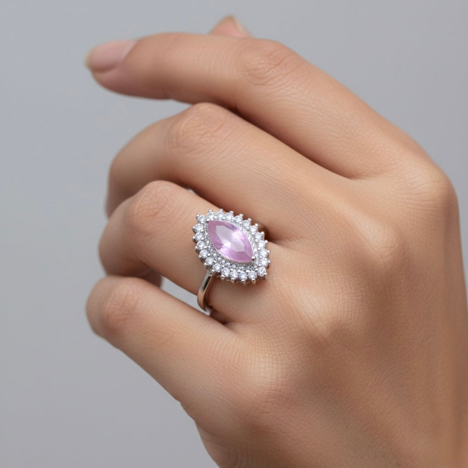 Marquise Cut Pink Stone Halo Ring