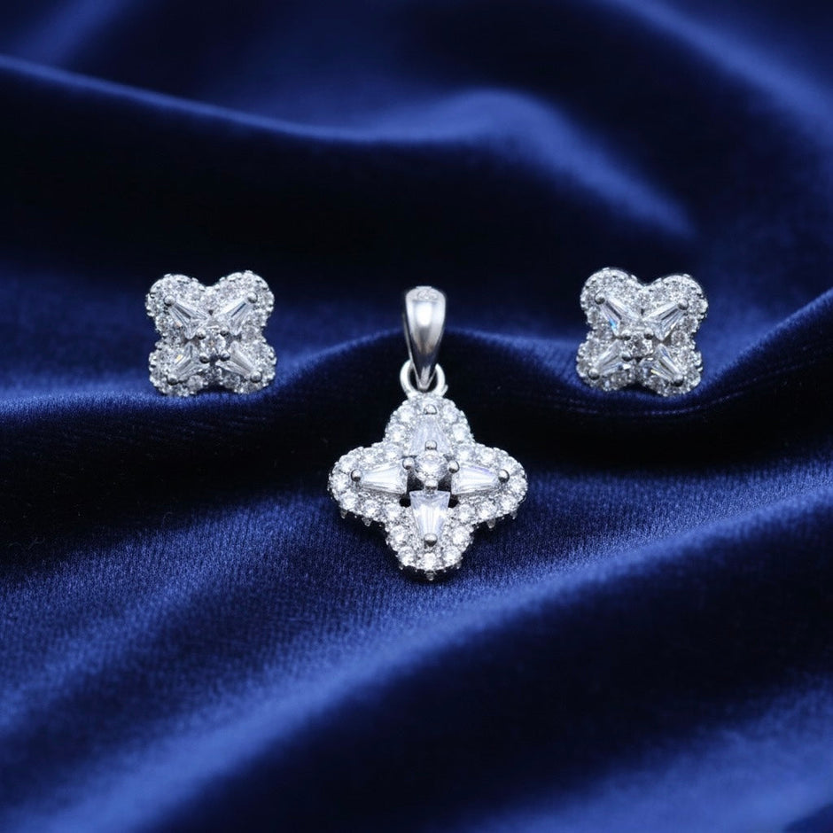 Elegant Floral CZ Cluster Silver Pendant Set