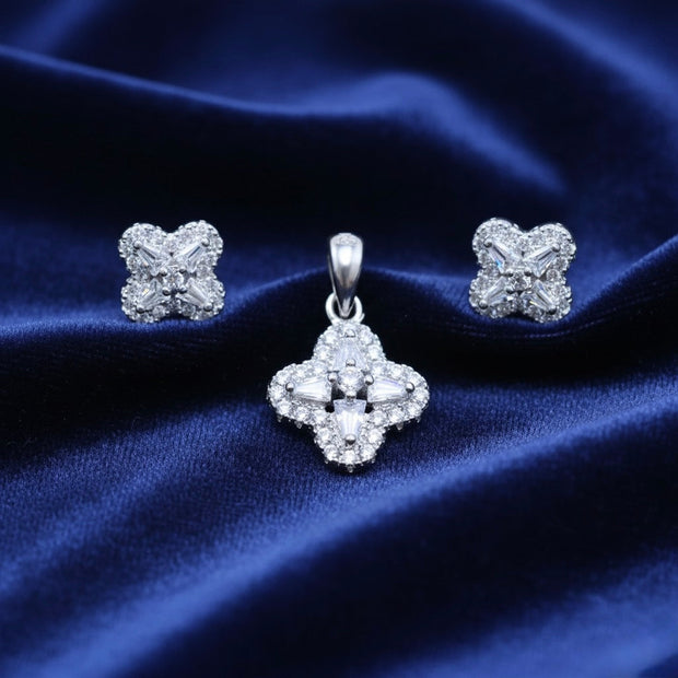 Elegant Floral CZ Cluster Silver Pendant Set