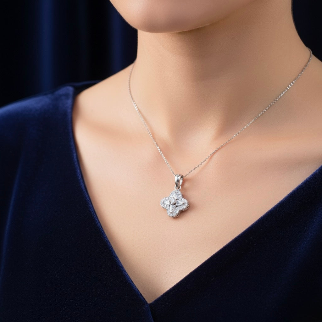 Elegant Floral CZ Cluster Silver Pendant Set