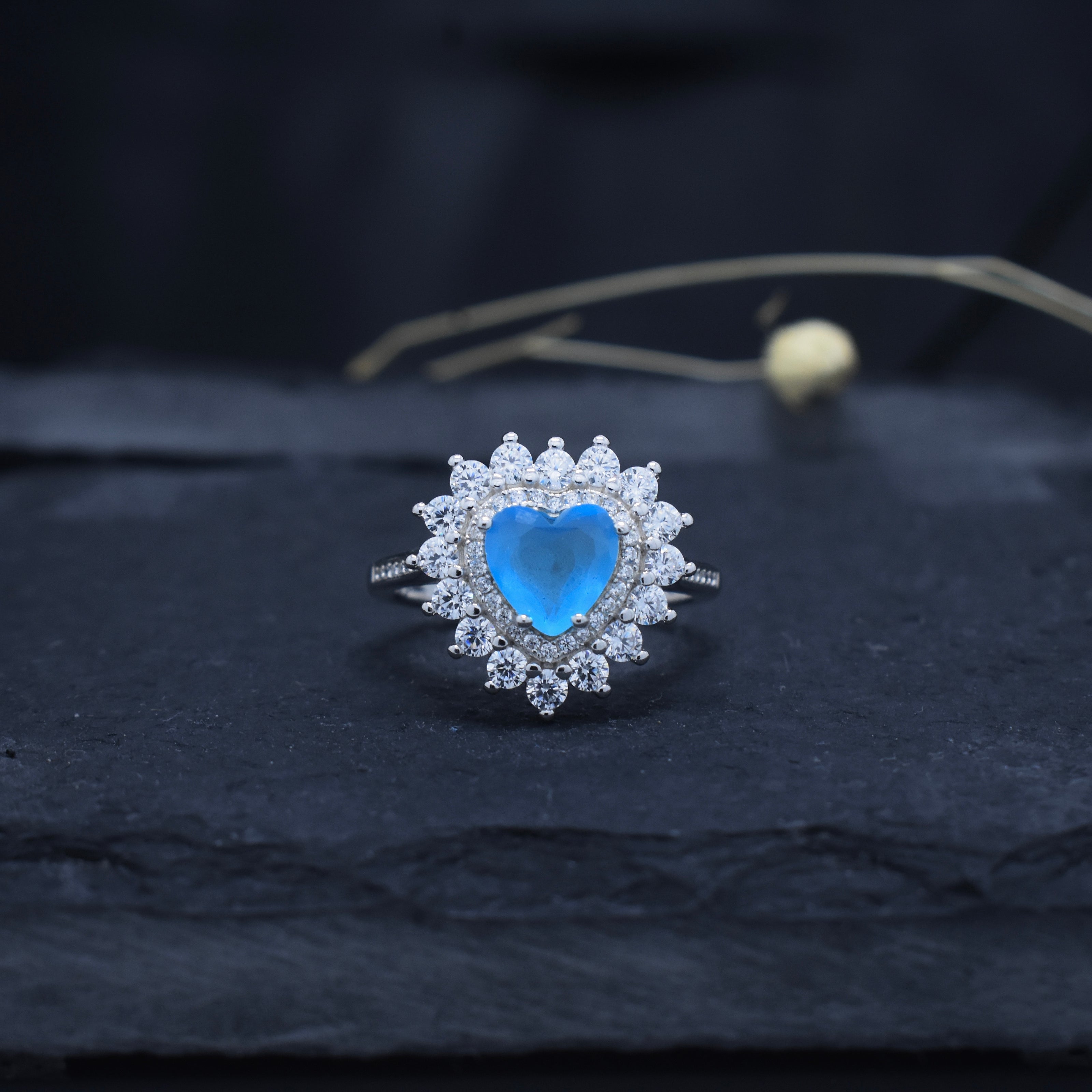 Heart Cut Blue Stone Halo Ring