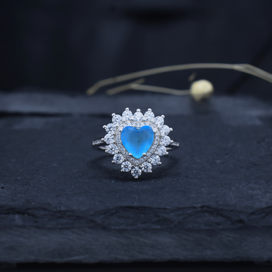 Heart Cut Blue Stone Halo Ring