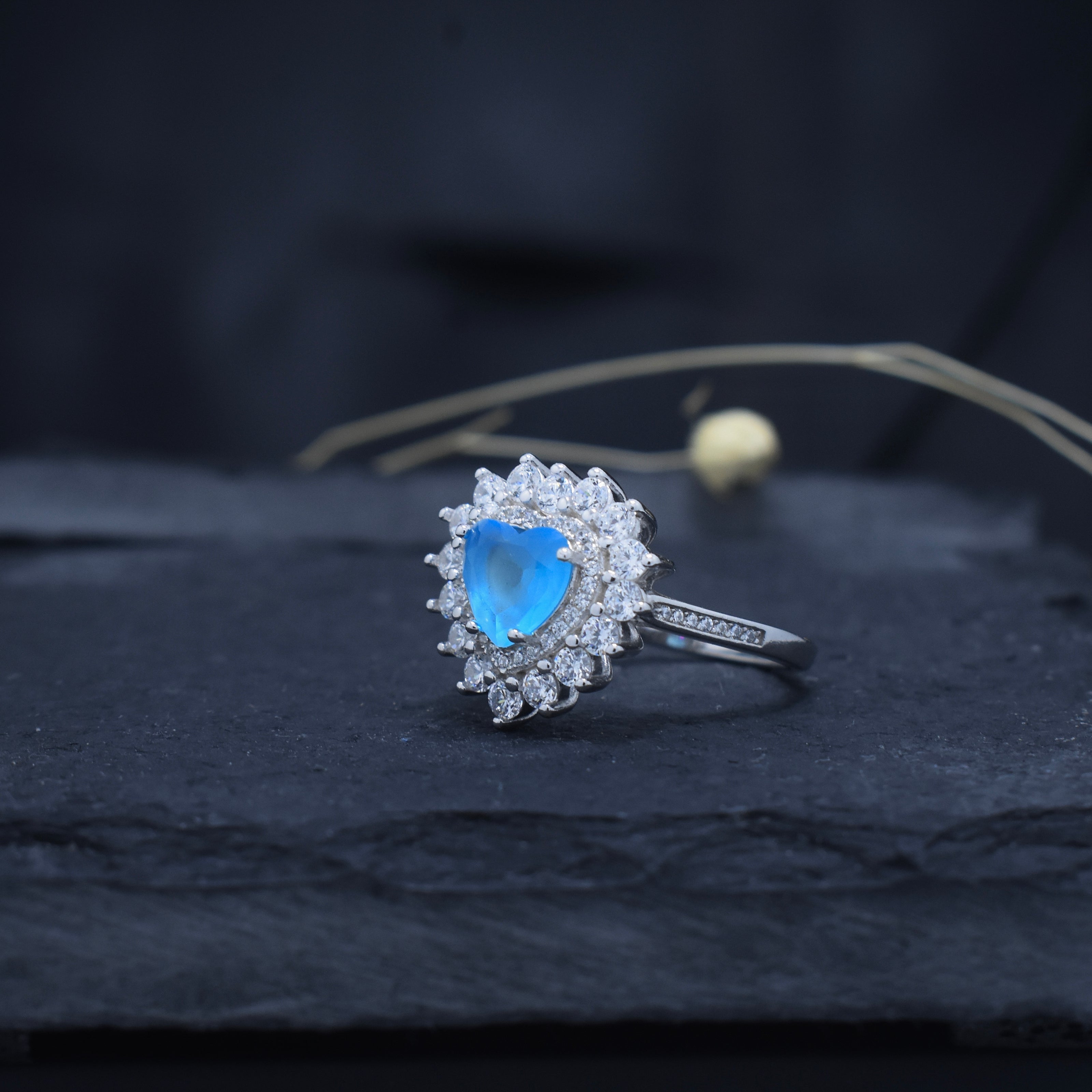 Heart Cut Blue Stone Halo Ring