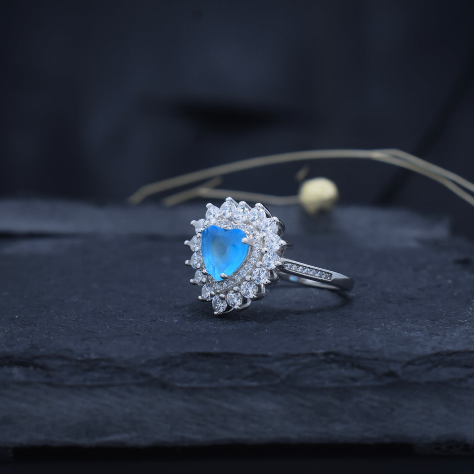 Heart Cut Blue Stone Halo Ring