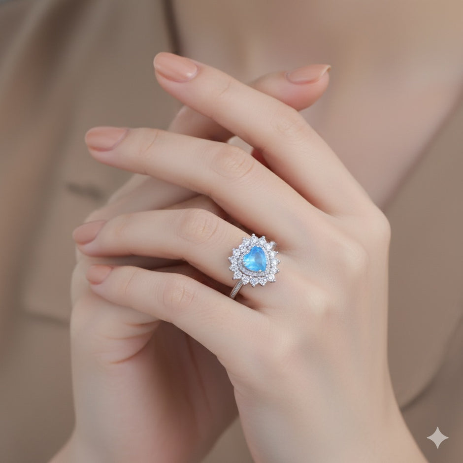 Heart Cut Blue Stone Halo Ring