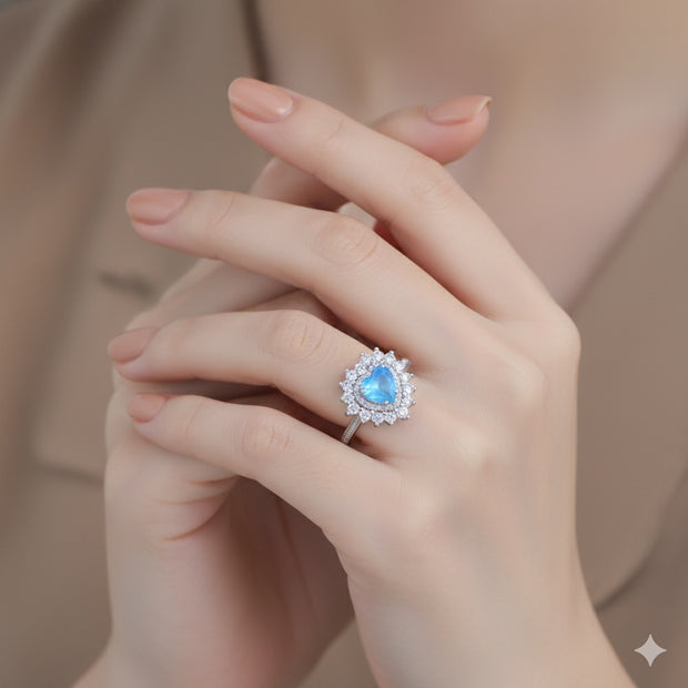 Heart Cut Blue Stone Halo Ring