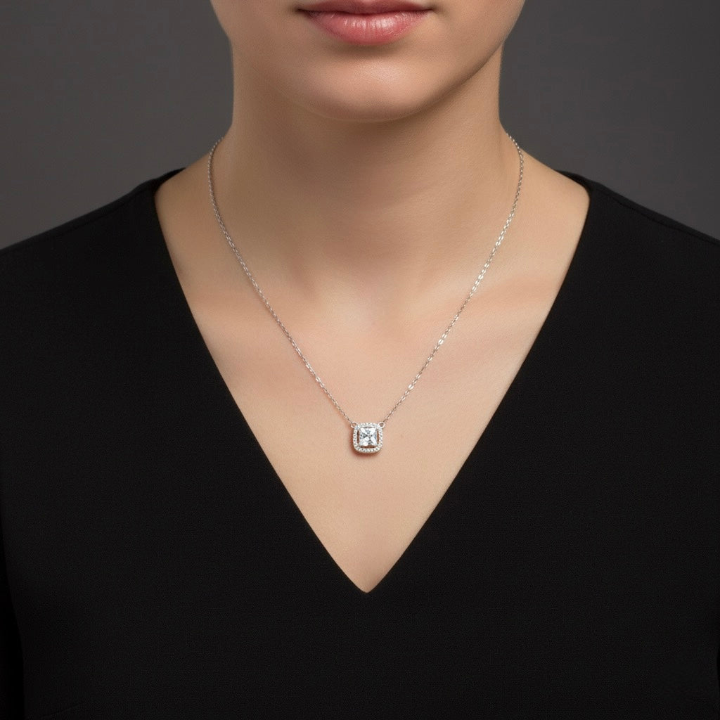 Square Solitaire Style Pendant Necklace
