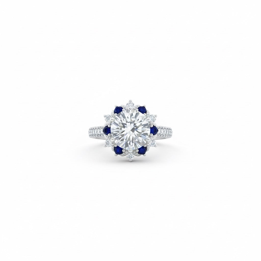 Round Cut Halo Ring with Blue Accent Stones