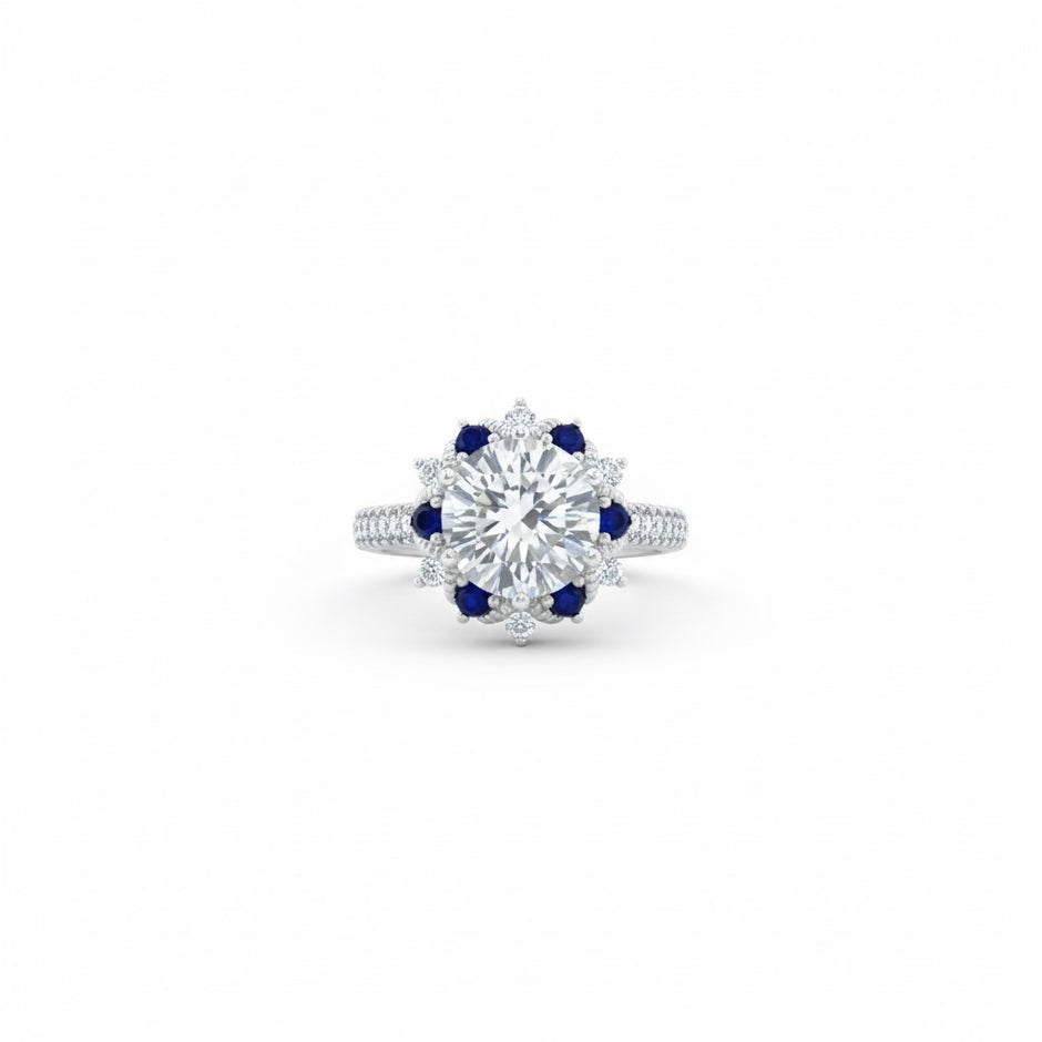 Round Cut Halo Ring with Blue Accent Stones
