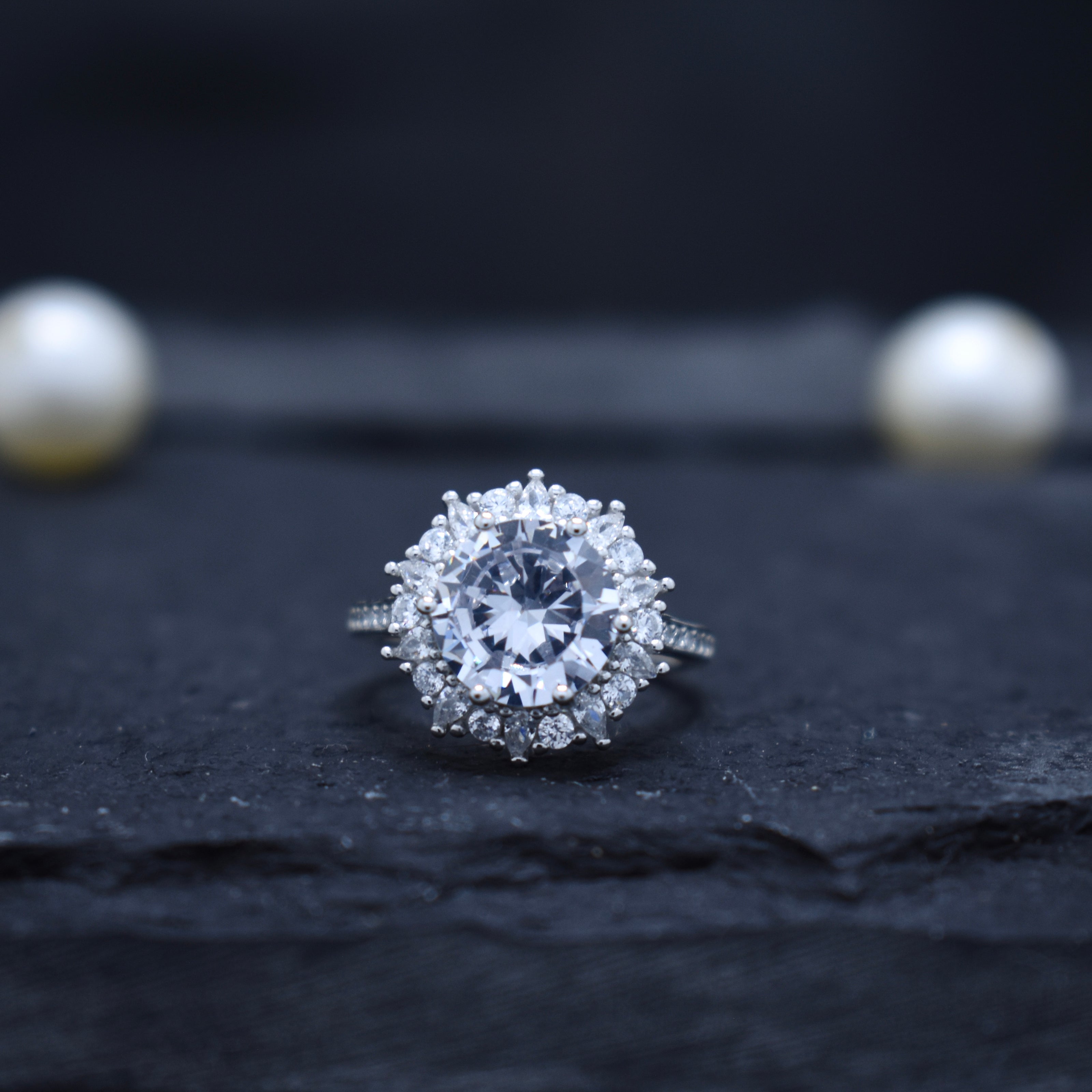 Round Cut Halo Statement Ring with Split Band