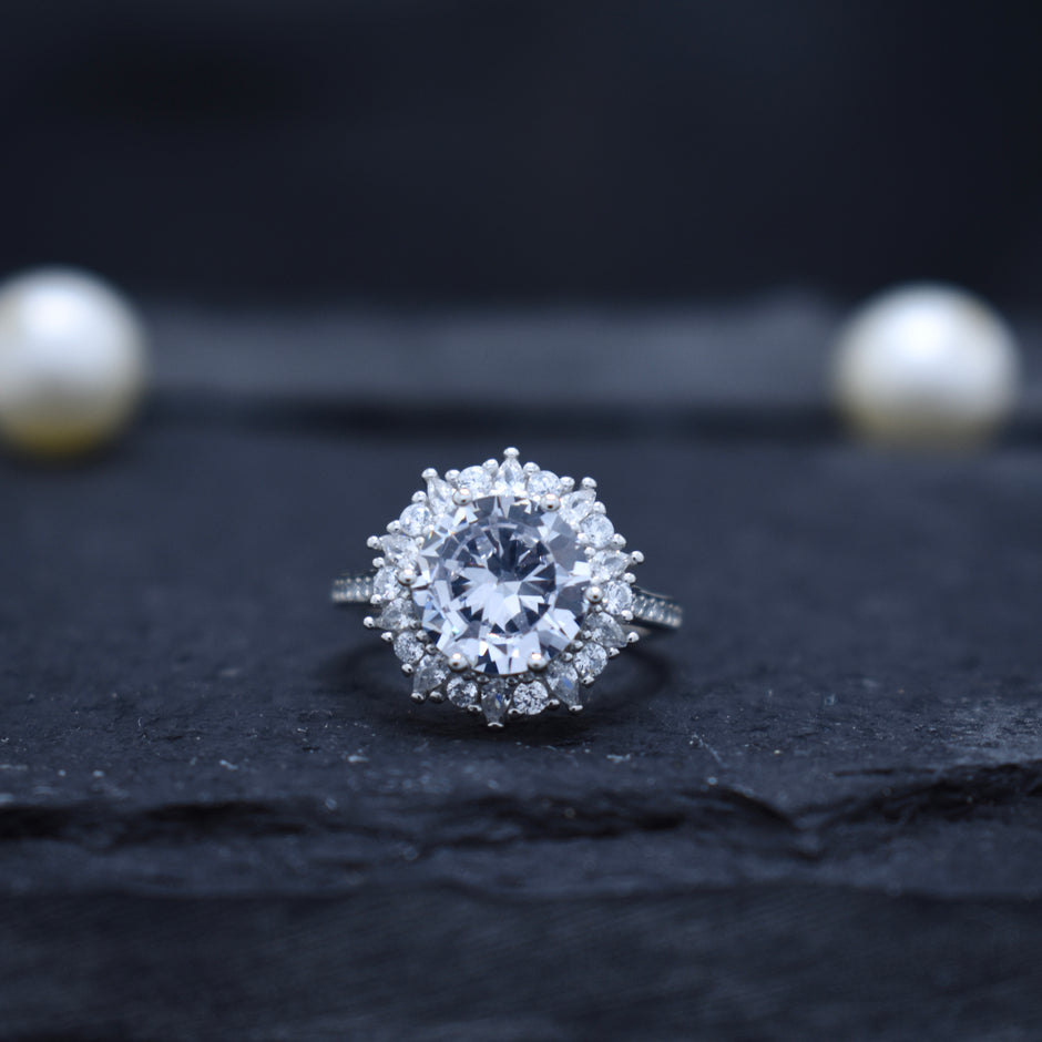 Round Cut Halo Statement Ring with Split Band
