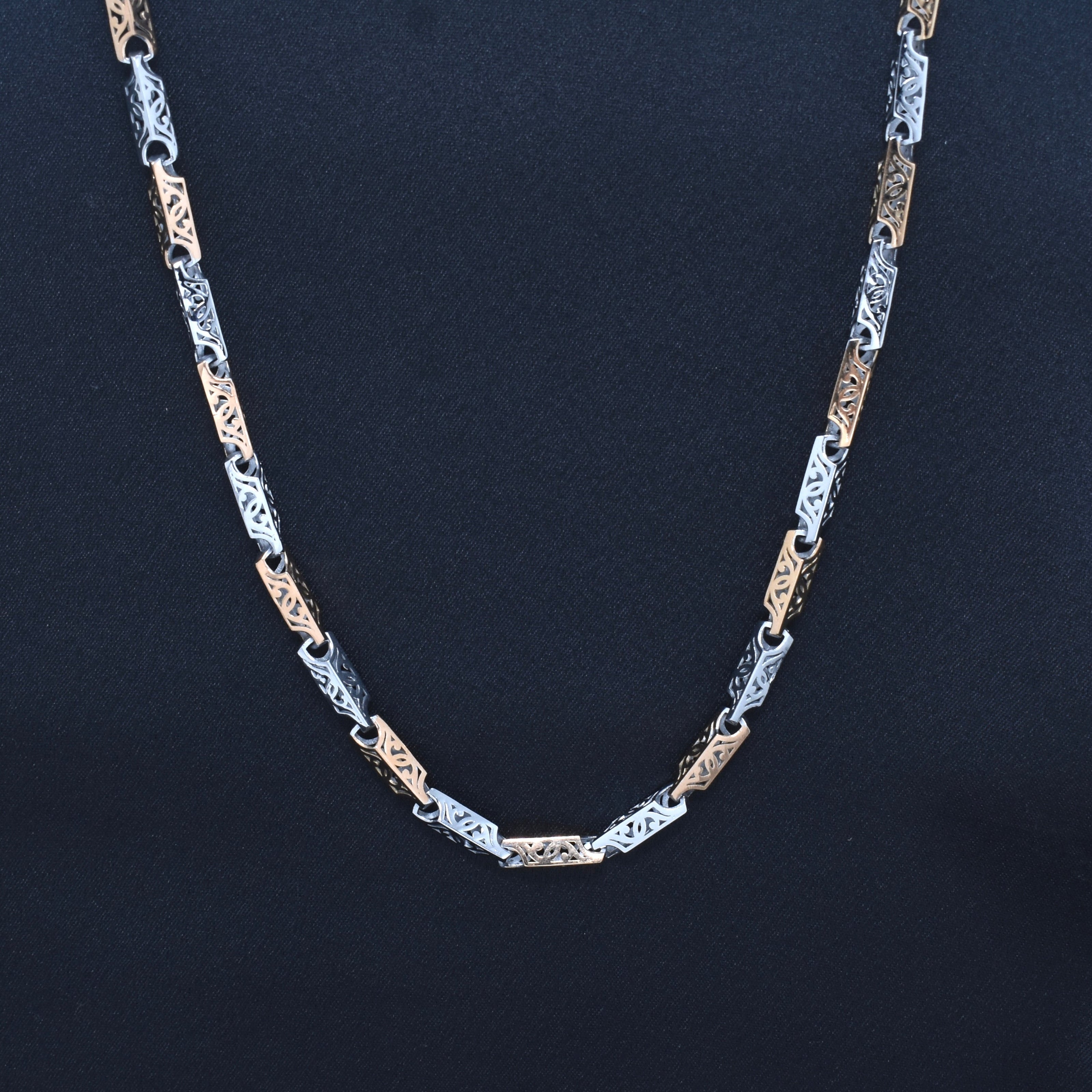 Two-Tone Designer Engraved Antique Style Silver Chain