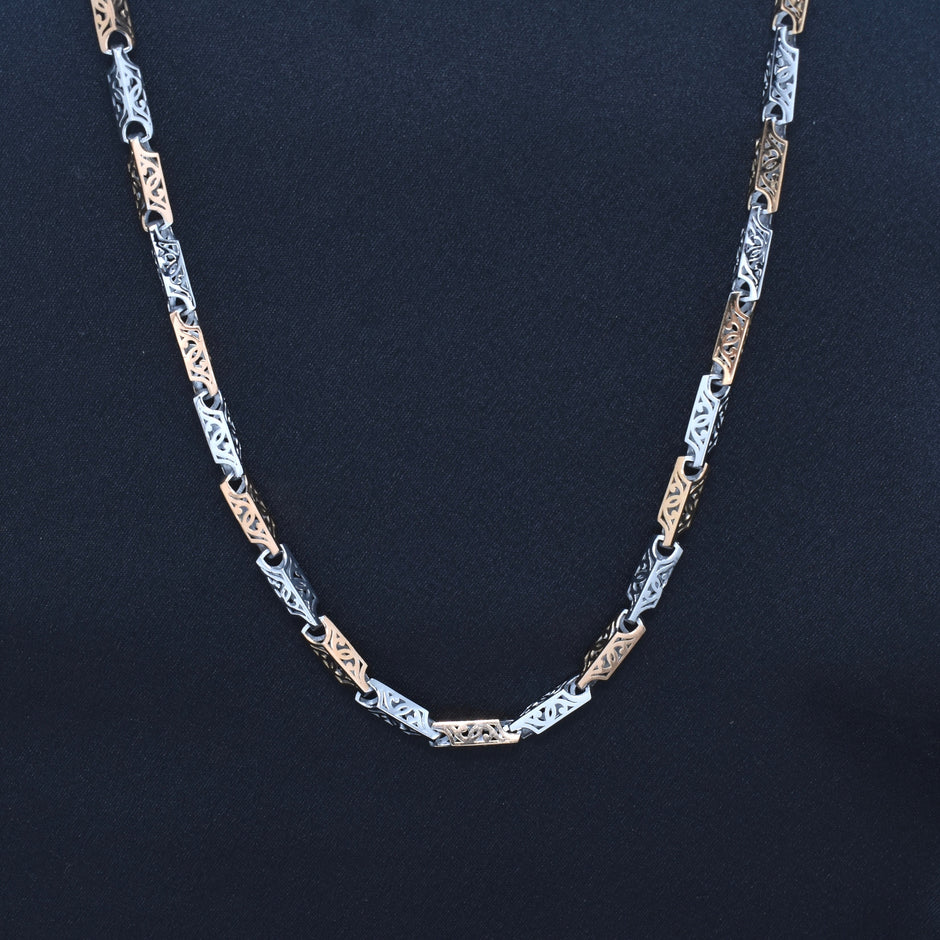 Two-Tone Designer Engraved Antique Style Silver Chain
