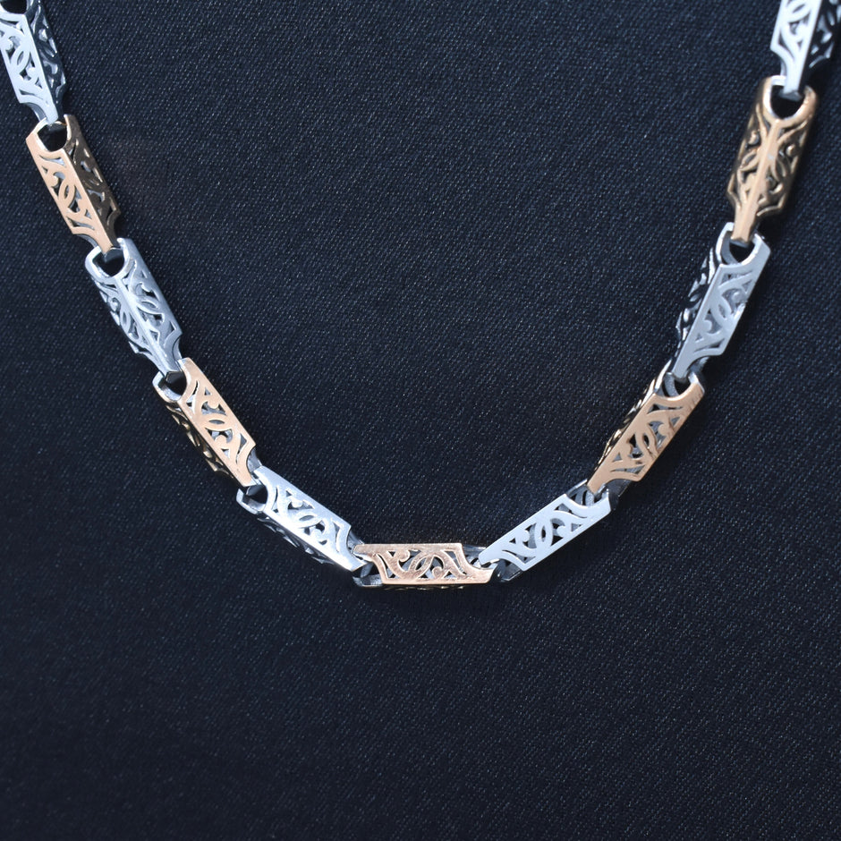 Two-Tone Designer Engraved Antique Style Silver Chain