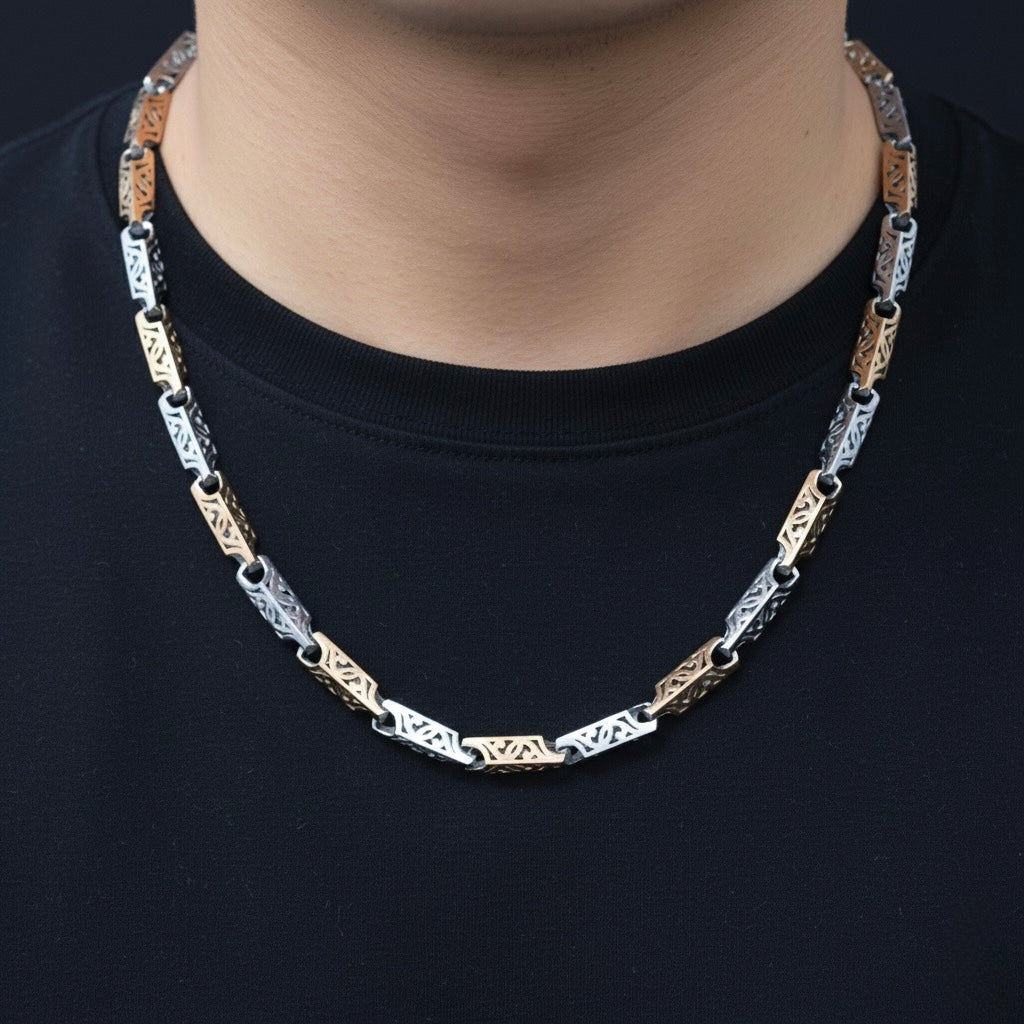 Two-Tone Designer Engraved Antique Style Silver Chain