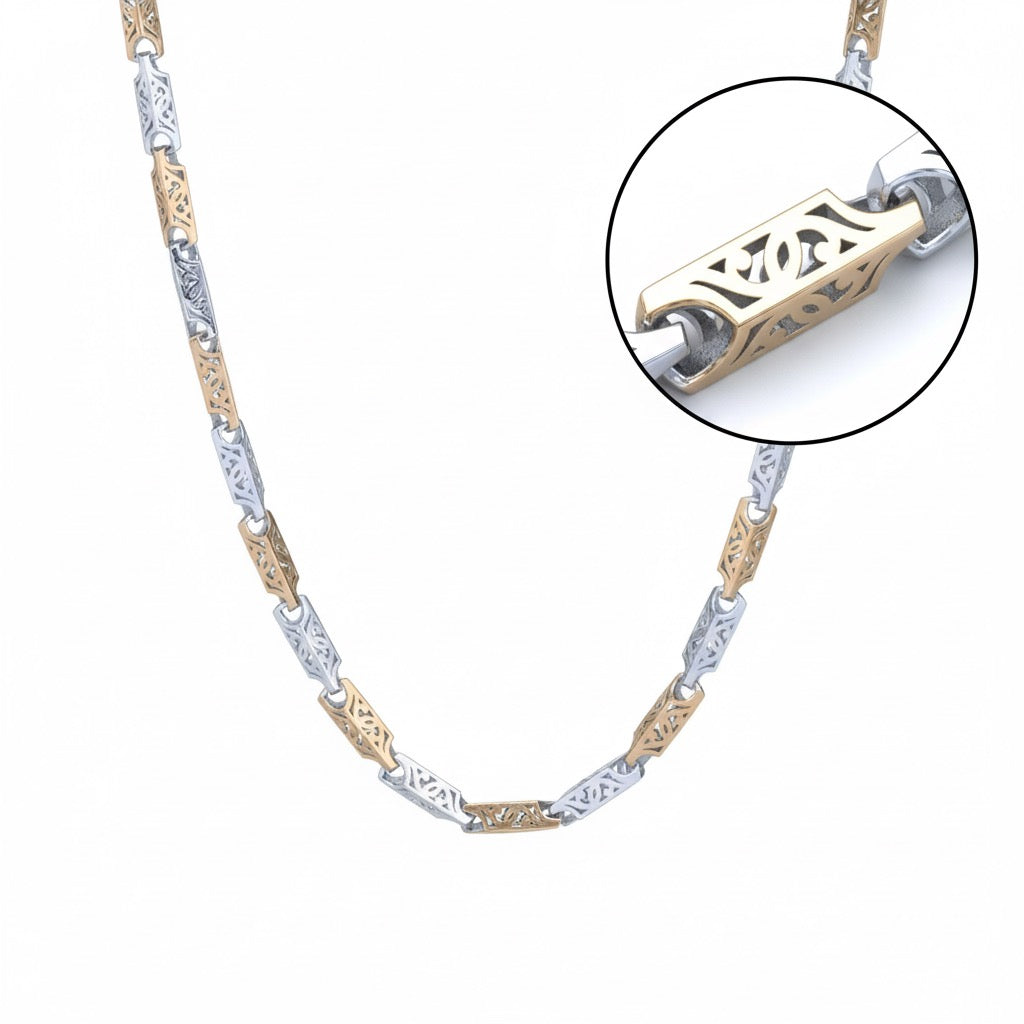 Two-Tone Designer Engraved Antique Style Silver Chain