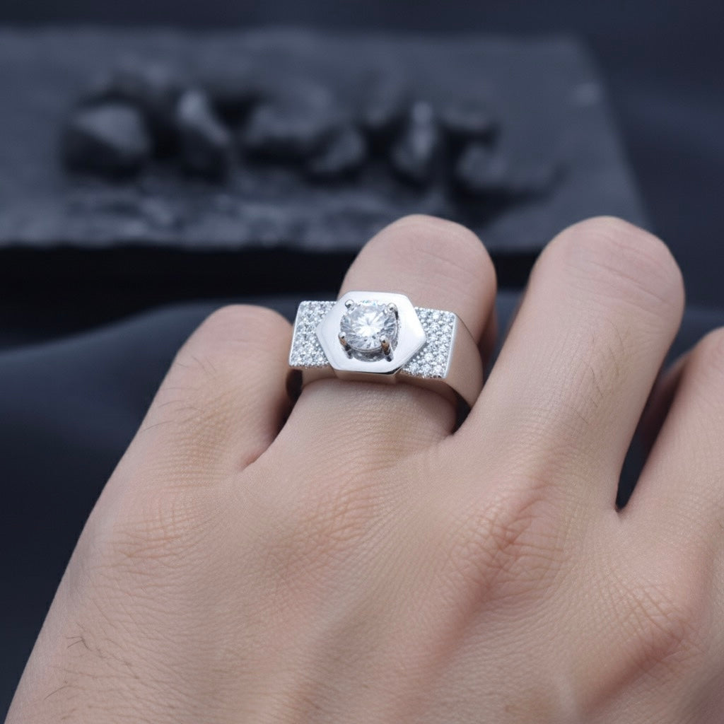 Hexagonal Solitaire Statement Band Ring