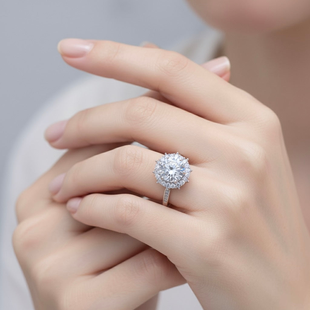 Round Cut Halo Statement Ring with Split Band