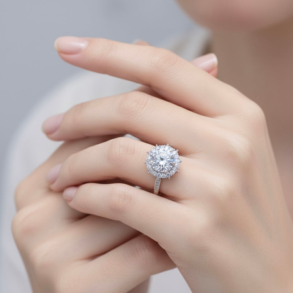 Round Cut Halo Statement Ring with Split Band