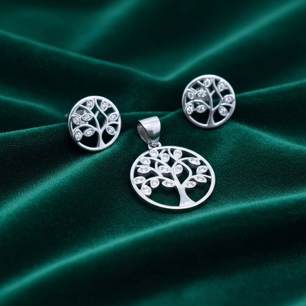 Tree Pendant Set with Chain and Earrings
