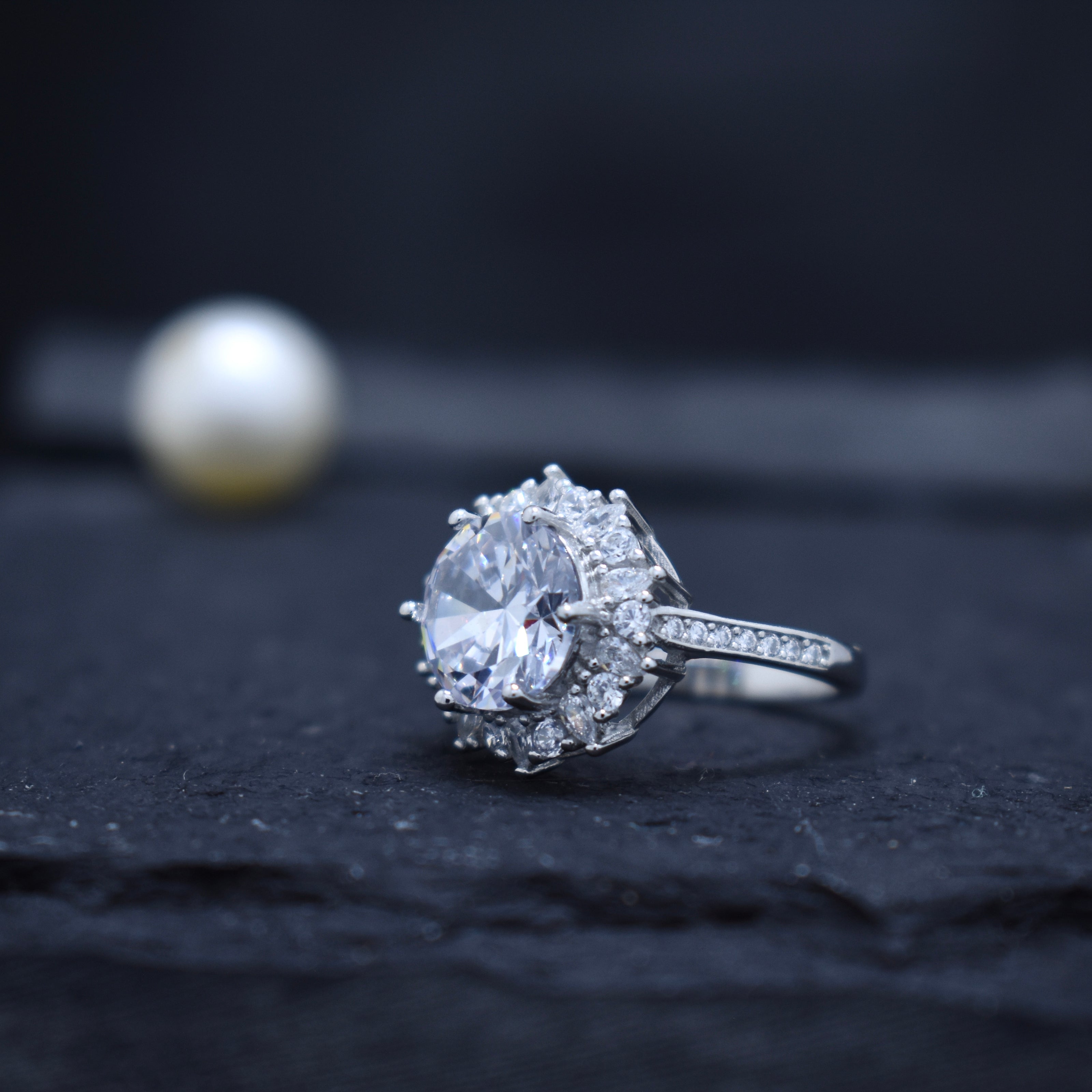 Round Cut Halo Statement Ring with Split Band