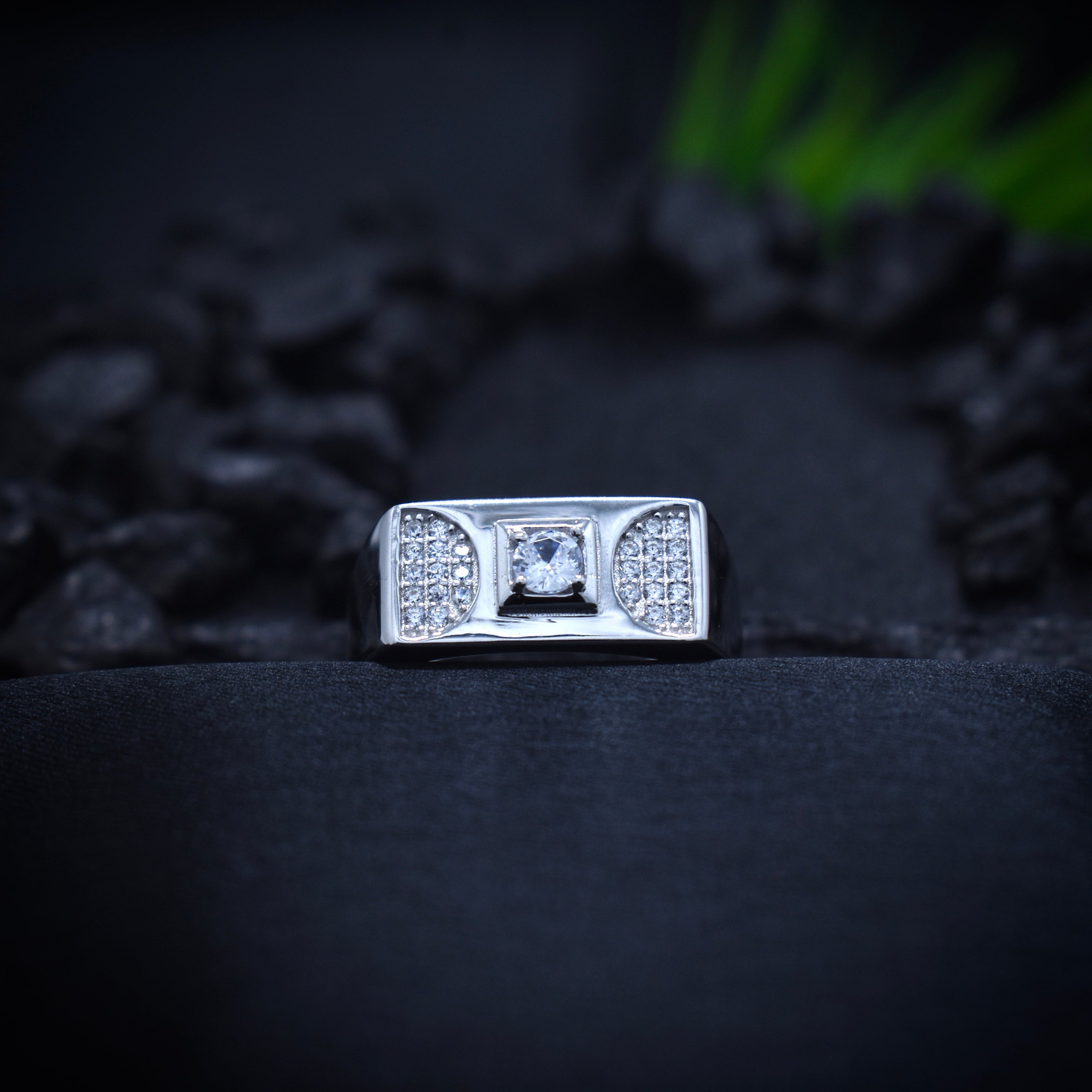 Square Solitaire Wide Band Silver Ring