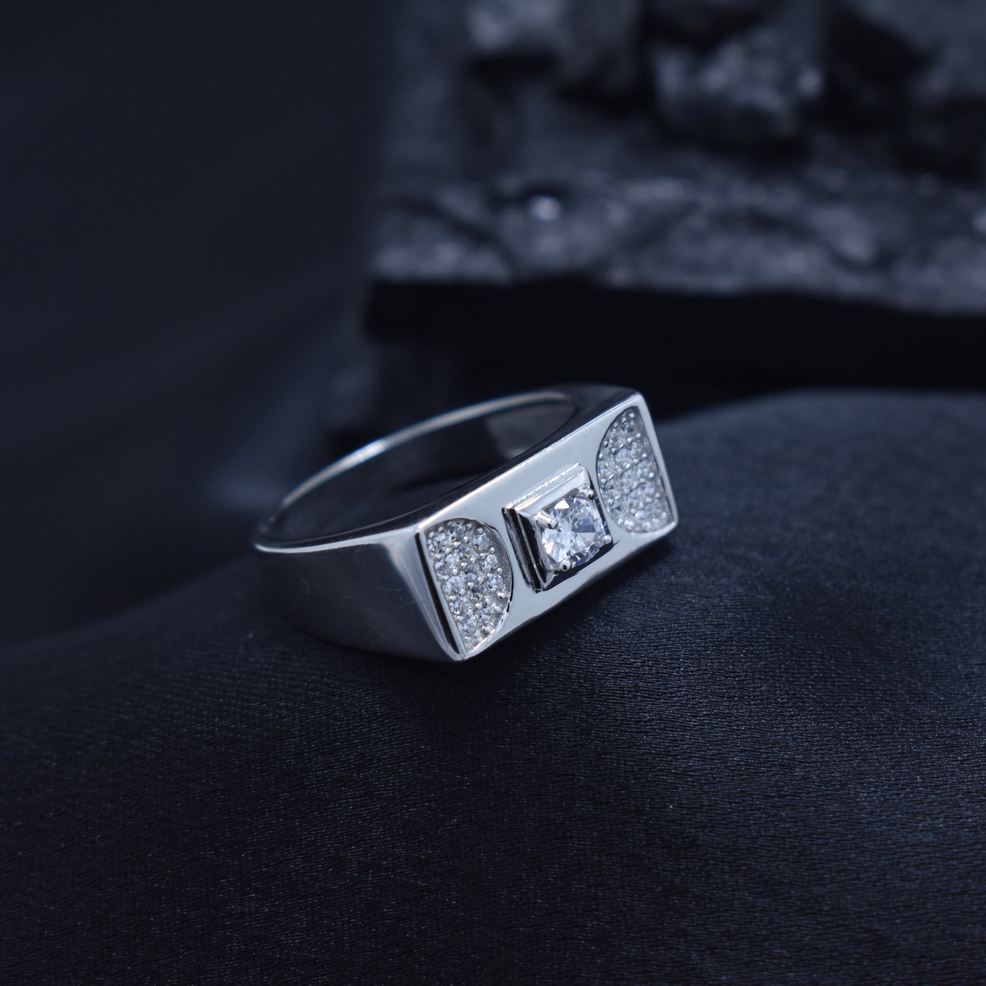 Square Solitaire Wide Band Silver Ring