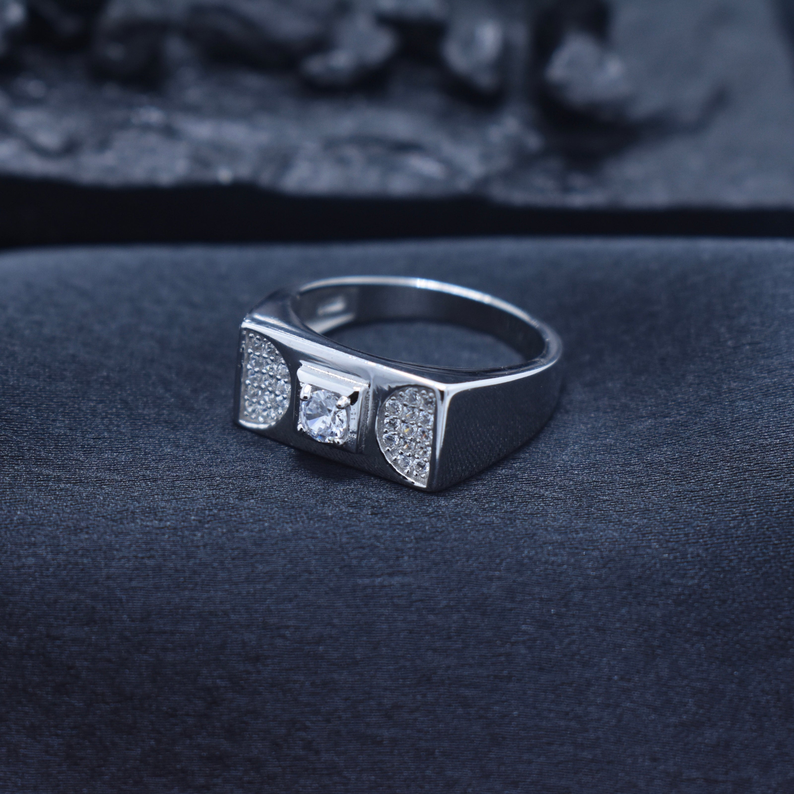 Square Solitaire Wide Band Silver Ring