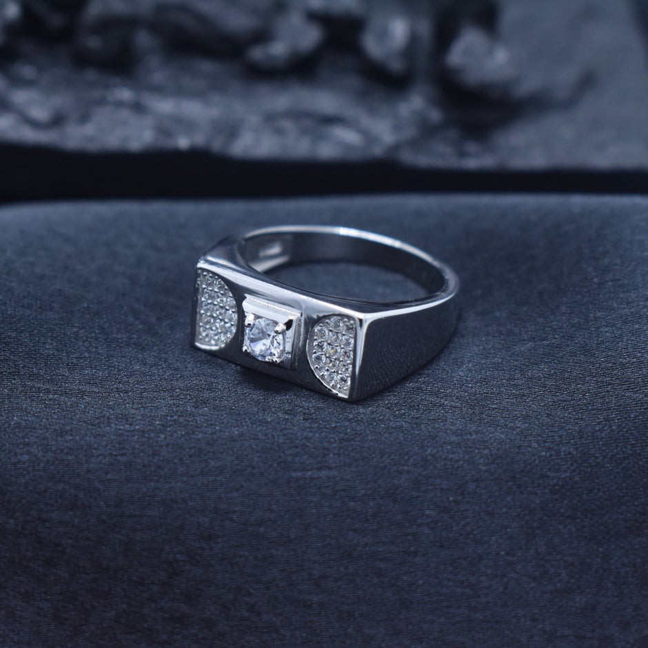 Square Solitaire Wide Band Silver Ring