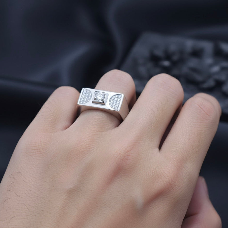 Square Solitaire Wide Band Silver Ring
